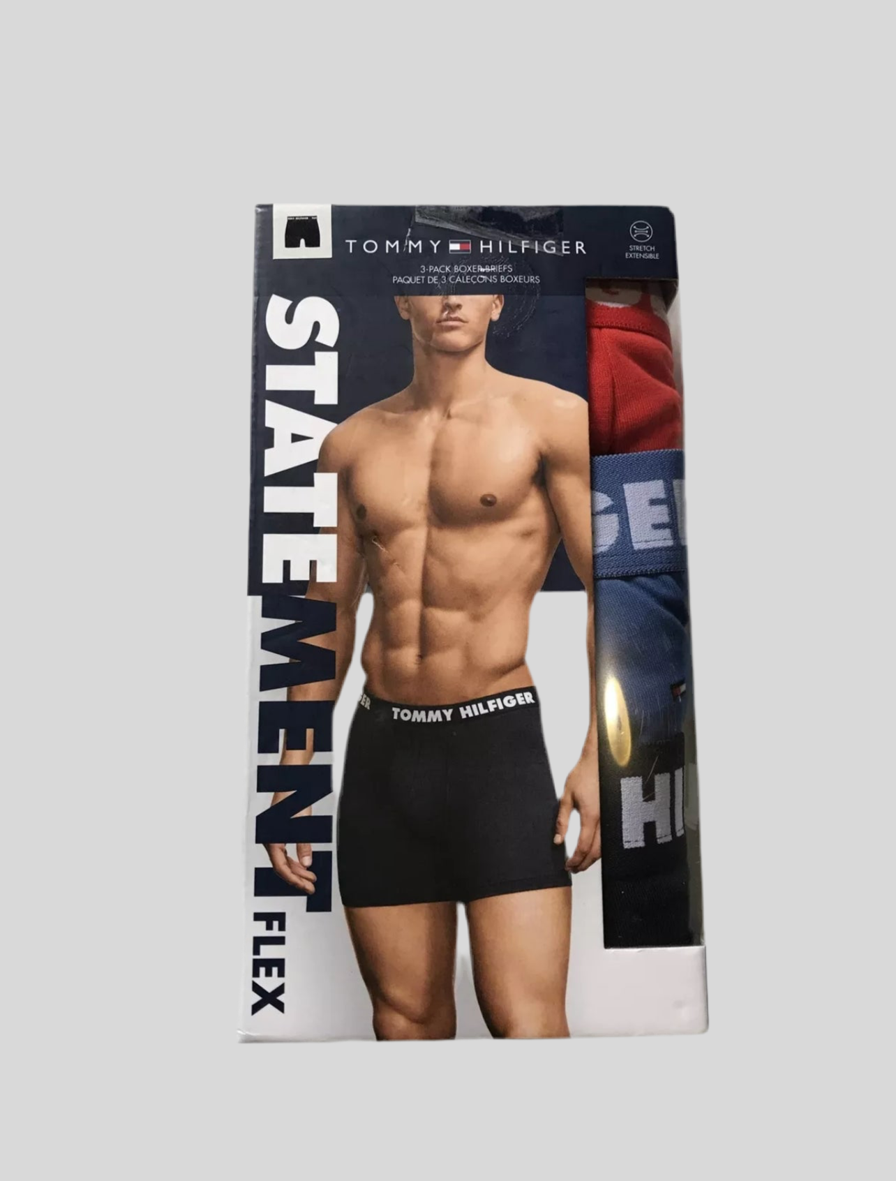 Paquete de 3 Boxer Briefs Tommy Hilfiger 🇺🇸 Statement Flex Tela Microfibra color rojo, azul y gris Talla XL