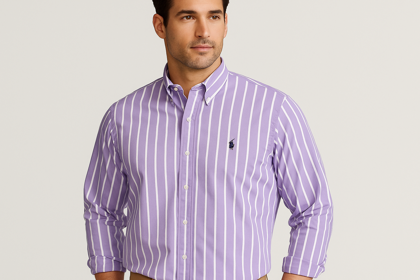 Camisa Polo Ralph Lauren 🏇🏼 con patron de rayas en color morado, azul navy y blanco Talla XL Entalle Regular