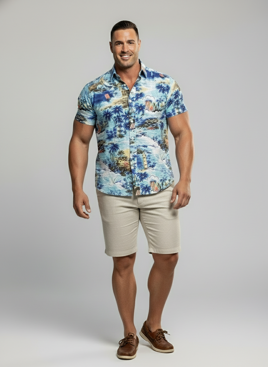 Camisa de diseño playero con palmeras en color azul Brooks Brothers 🐑 Talla S - Manga corta