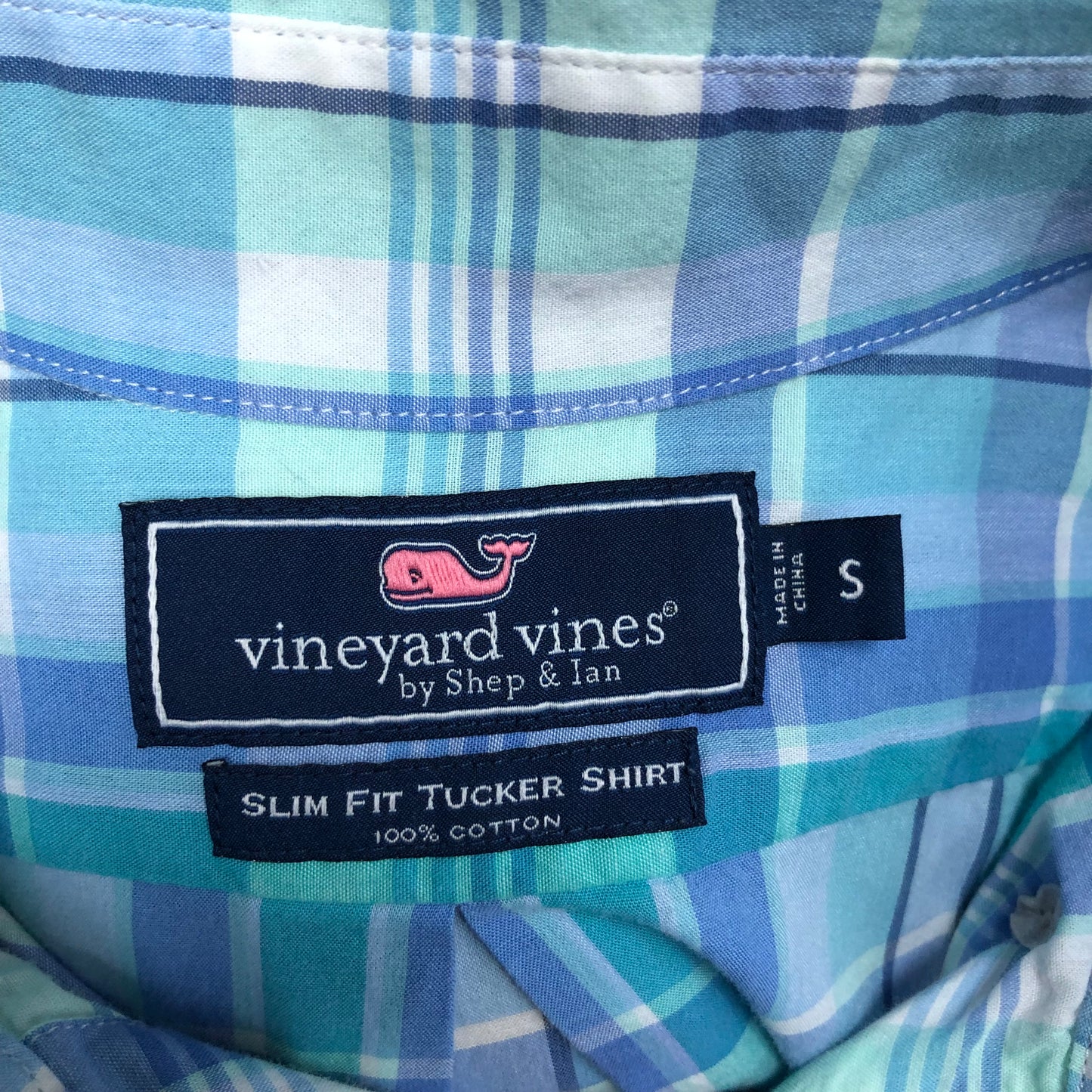 Camisa Vineyard Vines 🐳 con patrón de cuadros tartán en color celeste, turquesa y blanco Talla S Entalle Slim Fit