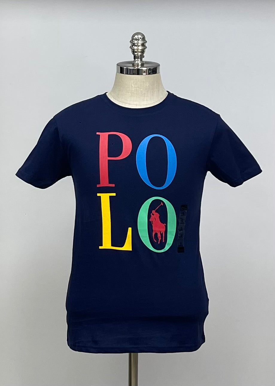 Camiseta cuello redondo Polo Ralph Lauren 🏇🏼 color azul navy con diseño en letras Polo multicolor Talla S Entalle Regular