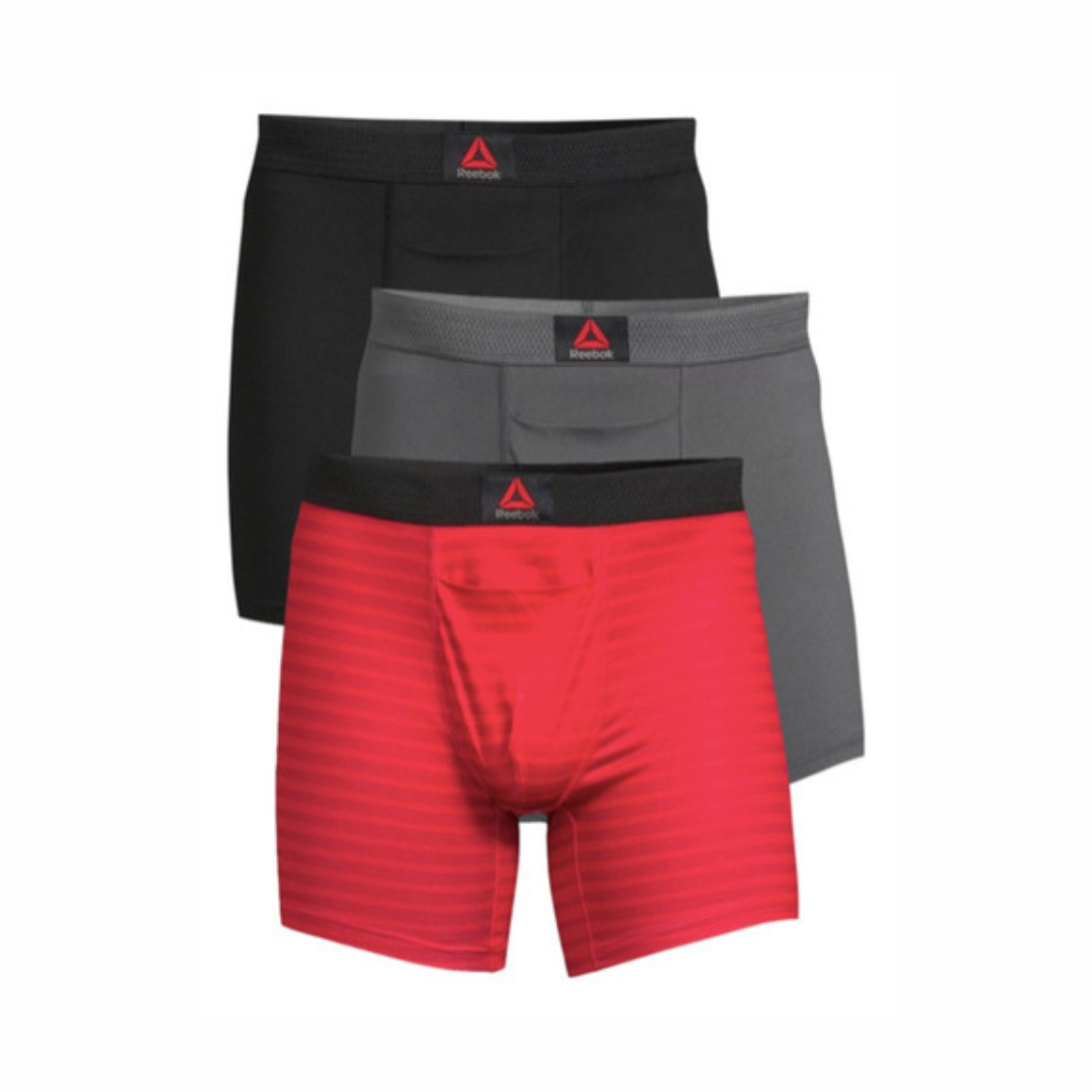 Combo de 3 Boxers Briefs Reebok Tela Performance en color negro, gris y rojo Talla 2XL y 3XL