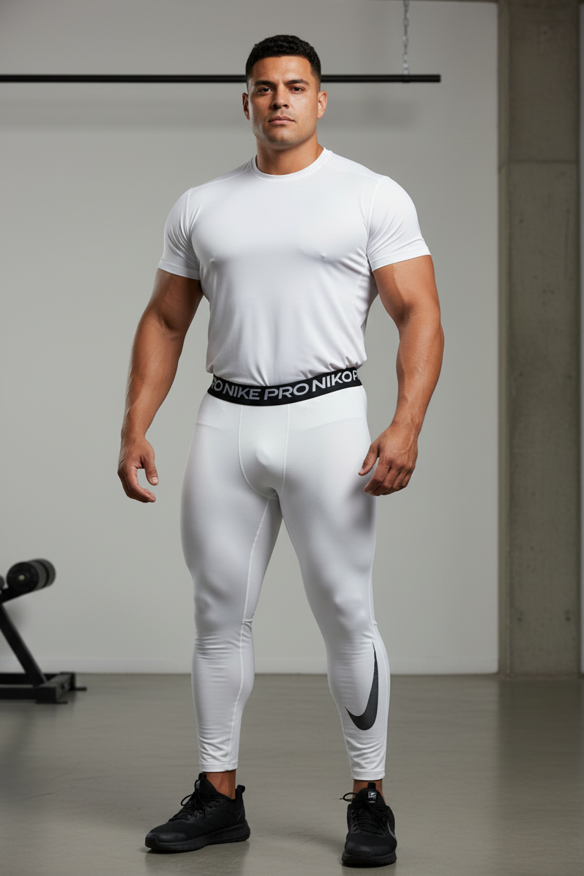 Malla de entrenamiento licra Nike ✔️ Pro Dri-FIT para hombre en Color blanco cintura negro Talla XL