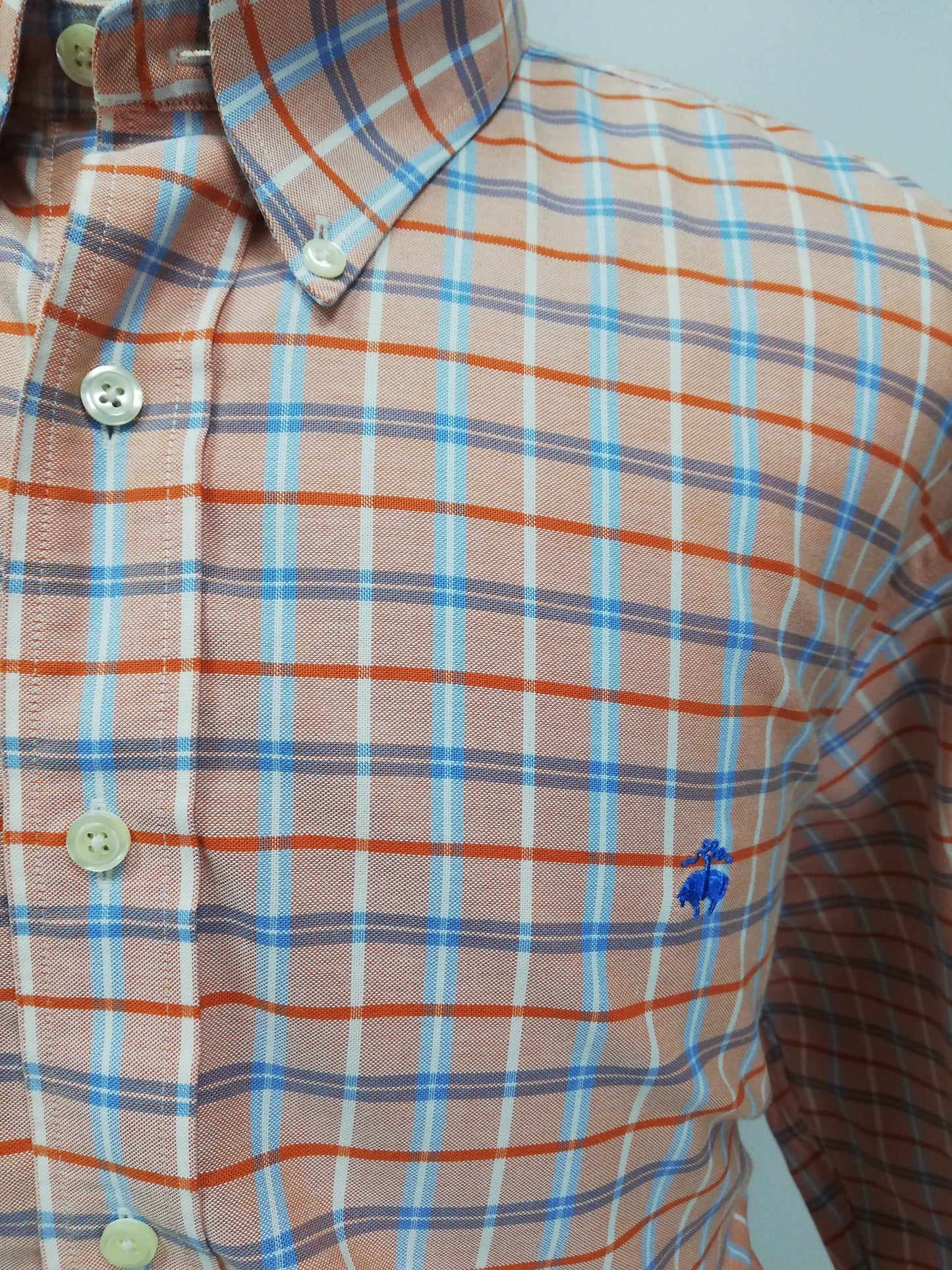 Camisa Brooks Brothers 🐑 color salmon con patrón de cuadros naranja y azul Talla 3XL Entalle Regular