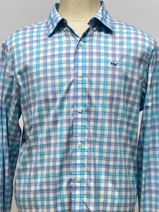 Camisa Vineyard Vines 🐳 Performance color blanco de cuadros en color celeste y rosado Talla L Entalle Clásico