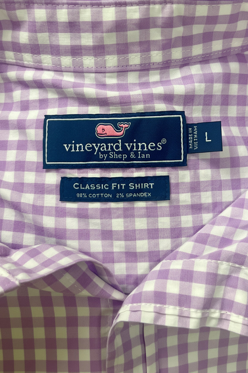 Camisa de botones Vineyard Vines 🐳 con patron cuadros gingham en color lila y blanco Talla L Entalle Clásico