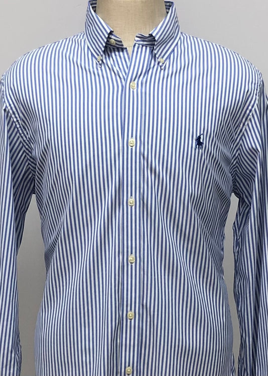 Camisa Polo Ralph Lauren 🏇🏼 color blanco con patrón de rayas en azul Talla XL Entalle Slim Fit