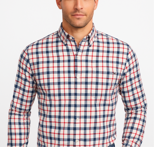 Camisa Vineyard Vines 🐳 color blanco con cuadros tartán en color rojo y azul navy Talla XL Entalle Clasico