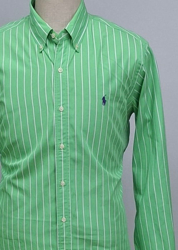 Camisa Polo Ralph Lauren 🏇🏼 color verde con patron de rayas en color Blanco Talla L Entalle Custom Fit