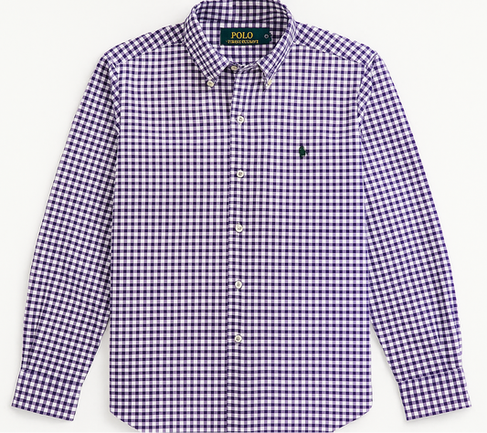 Camisa de botones Polo Ralph Lauren 🏇🏼 con patrón de cuadros gingham morado y blanco Talla S Entalle Clásico