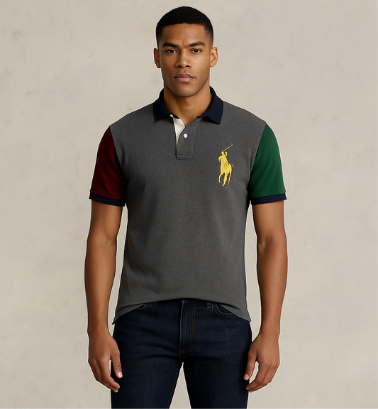 Camiseta Polo Ralph Lauren 🏇🏼color gris oscuro con logo big pony en dorado Talla L Entalle Custom Slim Fit