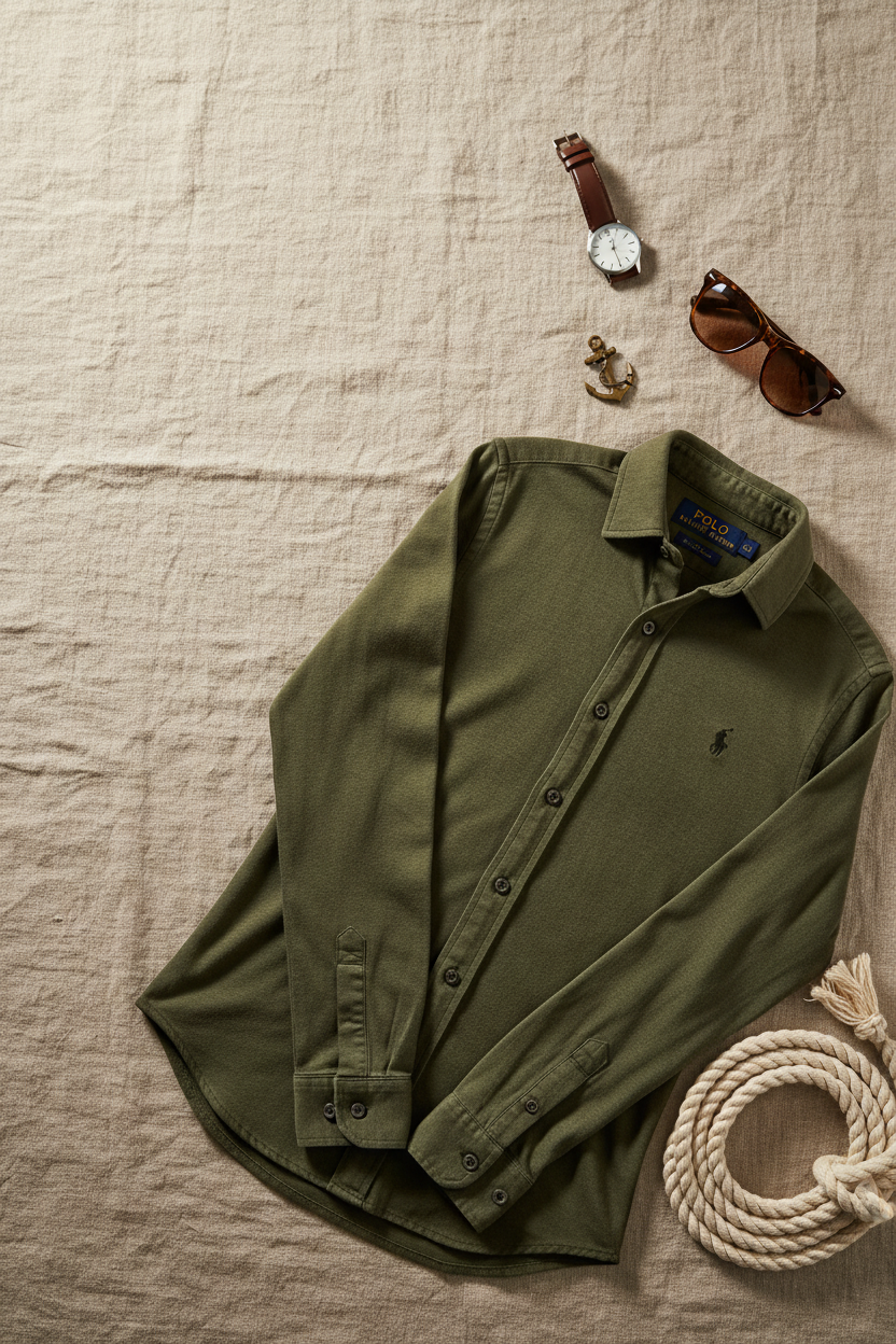 Camisa Polo Ralph Lauren 🏇🏼 Tela camiseta (Knit Oxford) en color verde oliva Talla S Entalle Regular