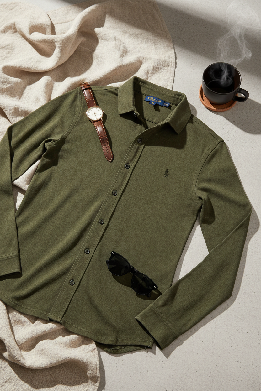 Camisa Polo Ralph Lauren 🏇🏼 Tela camiseta (Knit Oxford) en color verde oliva Talla S Entalle Regular