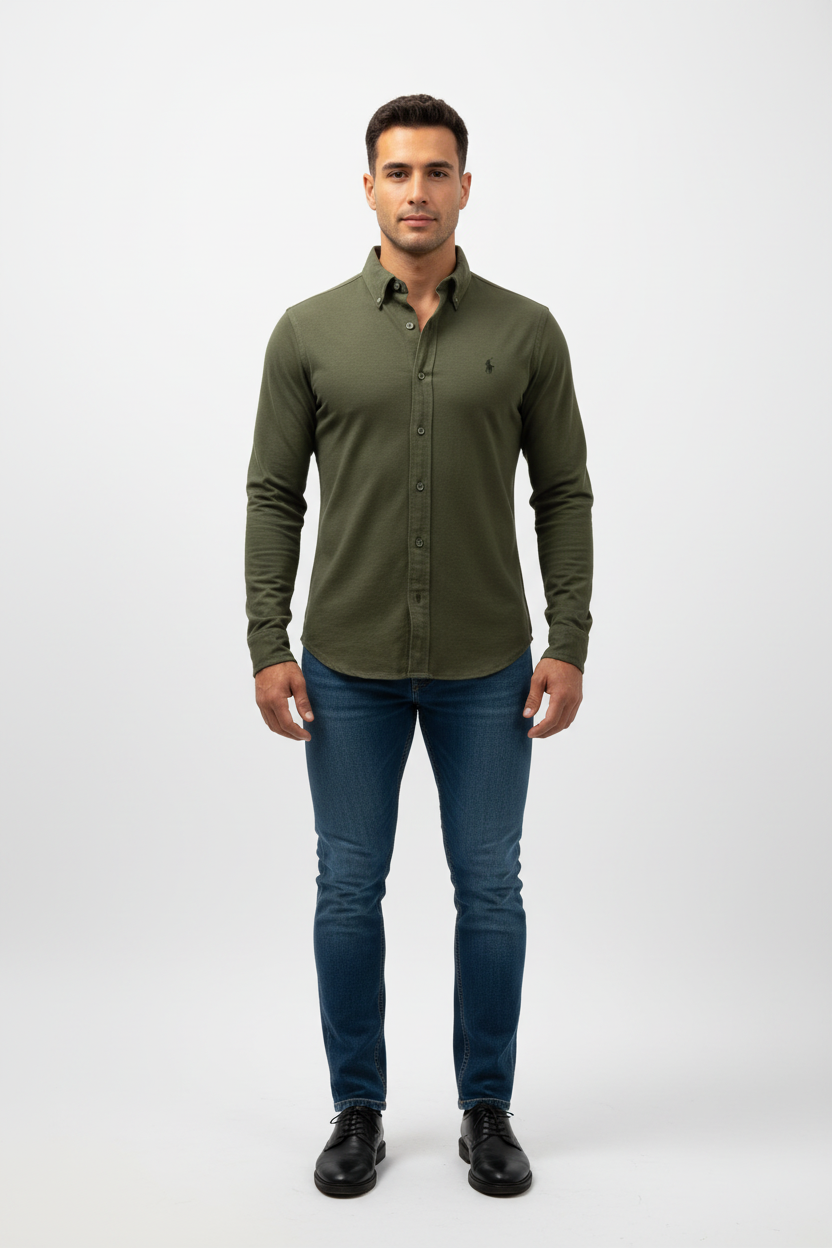 Camisa Polo Ralph Lauren 🏇🏼 Tela camiseta (Knit Oxford) en color verde oliva Talla S Entalle Regular