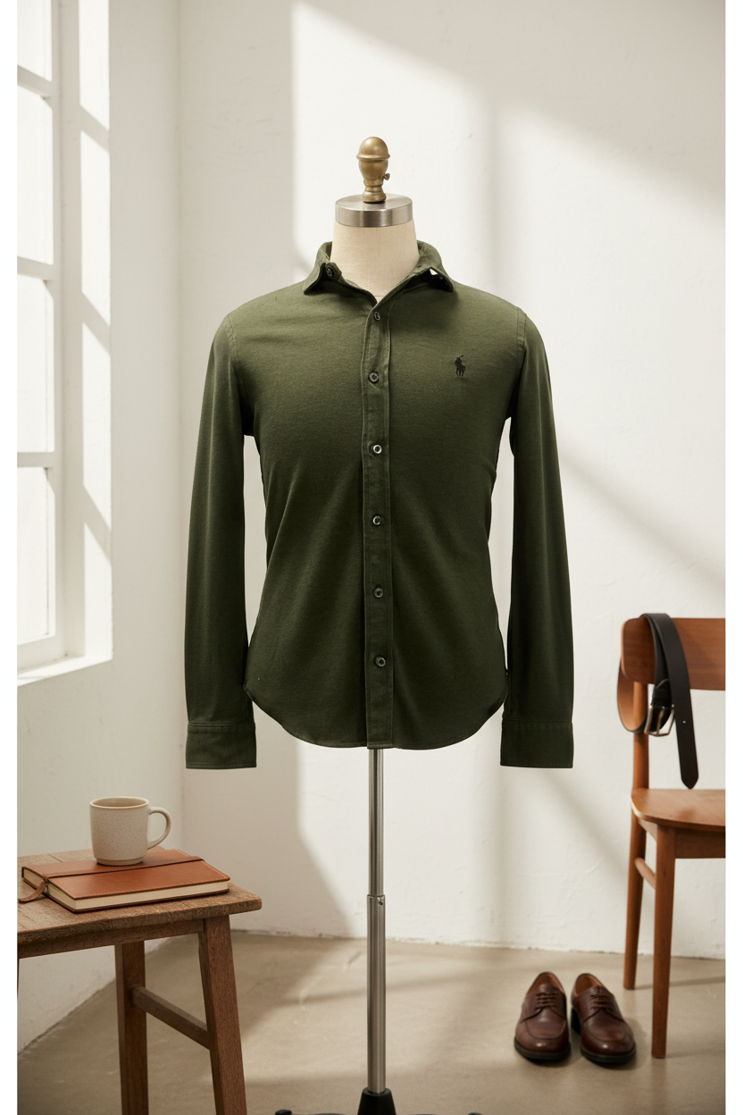 Camisa Polo Ralph Lauren 🏇🏼 Tela camiseta (Knit Oxford) en color verde oliva Talla S Entalle Regular