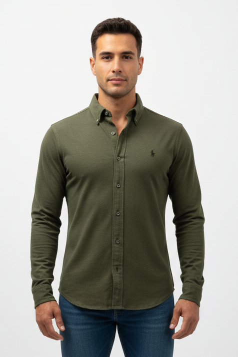 Camisa Polo Ralph Lauren 🏇🏼 Tela camiseta (Knit Oxford) en color verde oliva Talla S Entalle Regular