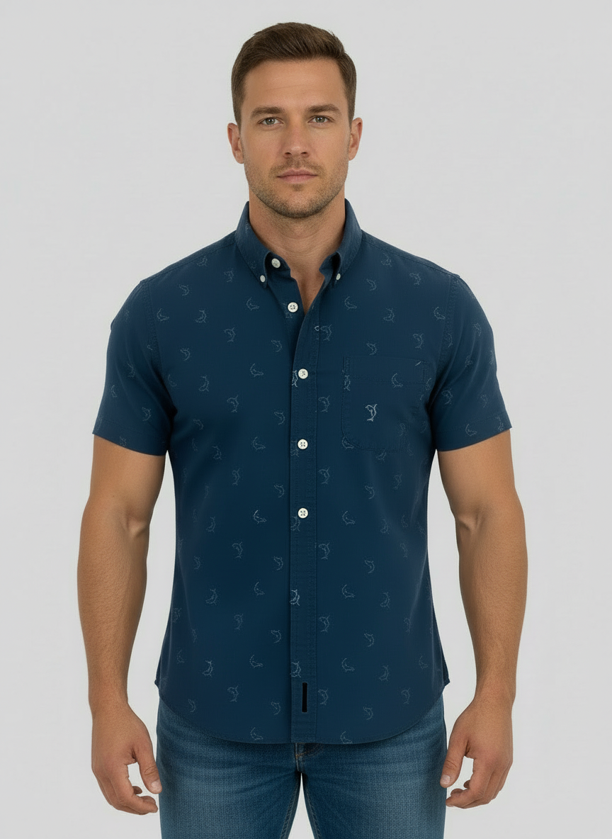 Camisa de botones Polo Ralph Lauren 🏇🏼 Oxford en color azul navy con diseño de peces Talla S Entalle Regular
