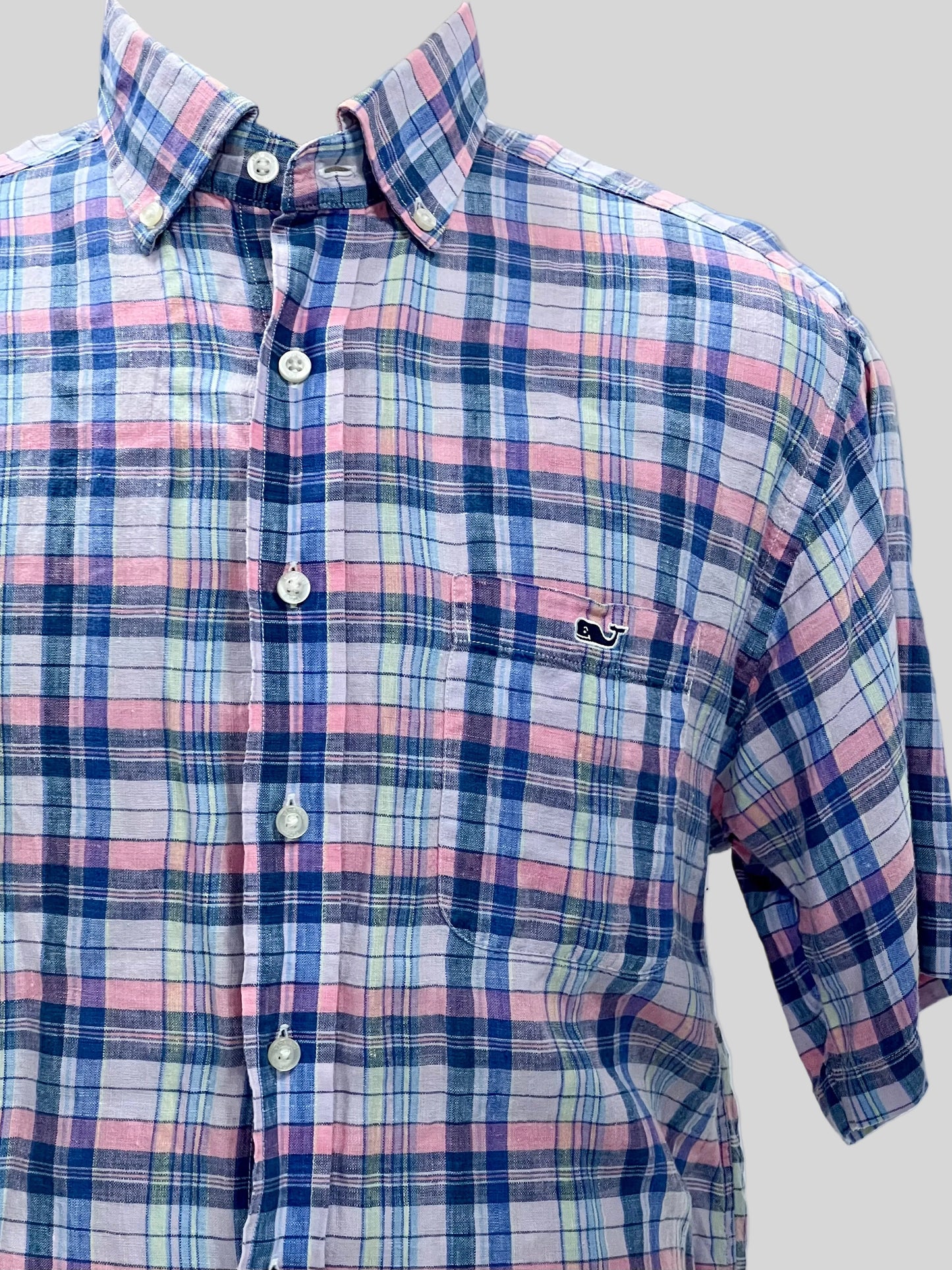 Camisa de cuadros Vineyard Vines 🐳 de lino con cuadros en color celeste, azul y rosado Talla M Entalle Regular