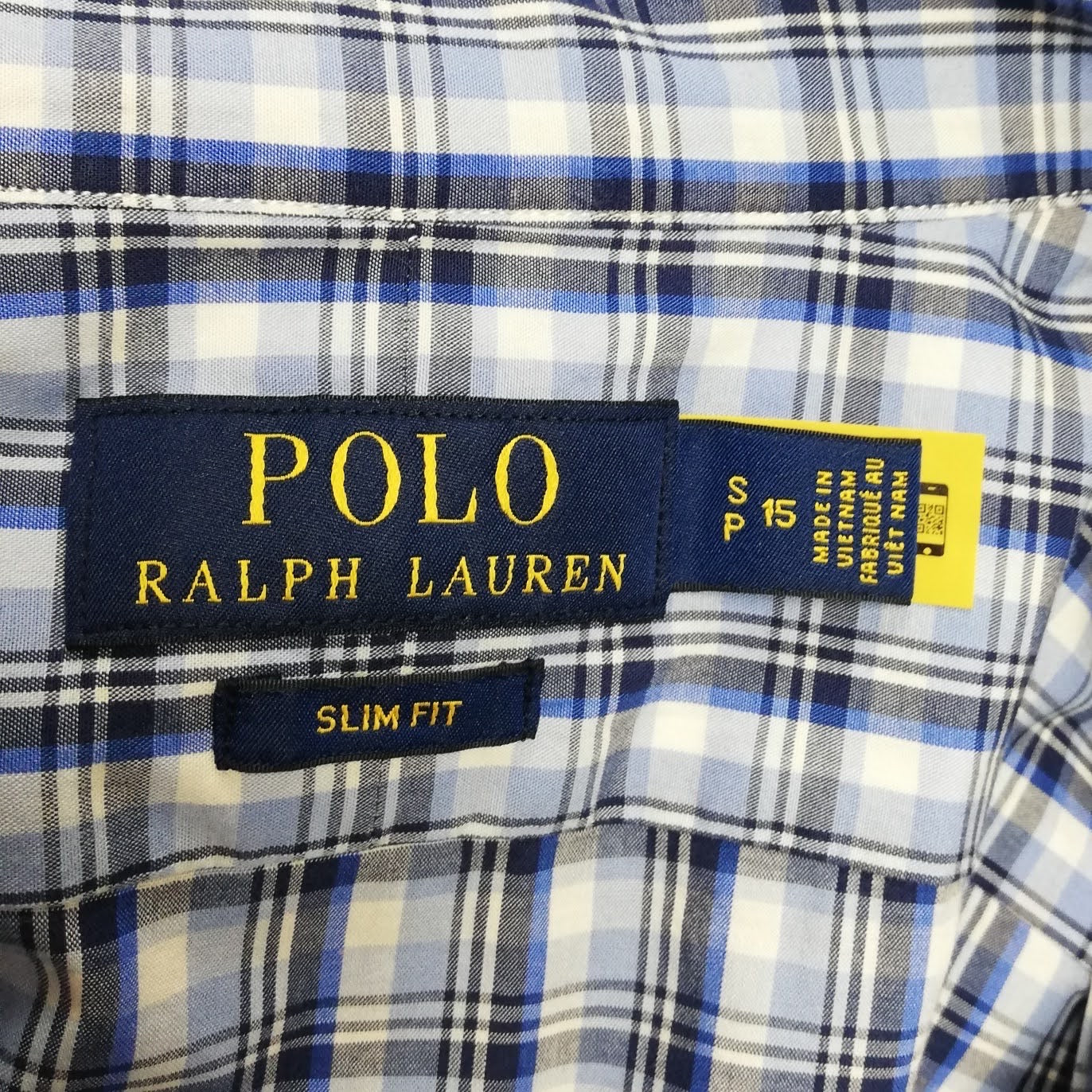 Camisa Polo Ralph Lauren 🏇🏼 color blanco con patrón de cuadros azul y celeste Talla S Entalle Slim Fit