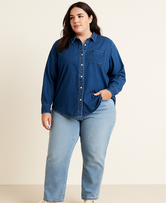 Camisa de mujer Banana Republic de jeans en color azul oscuro y costura en blanco Talla XL Entalle Regular