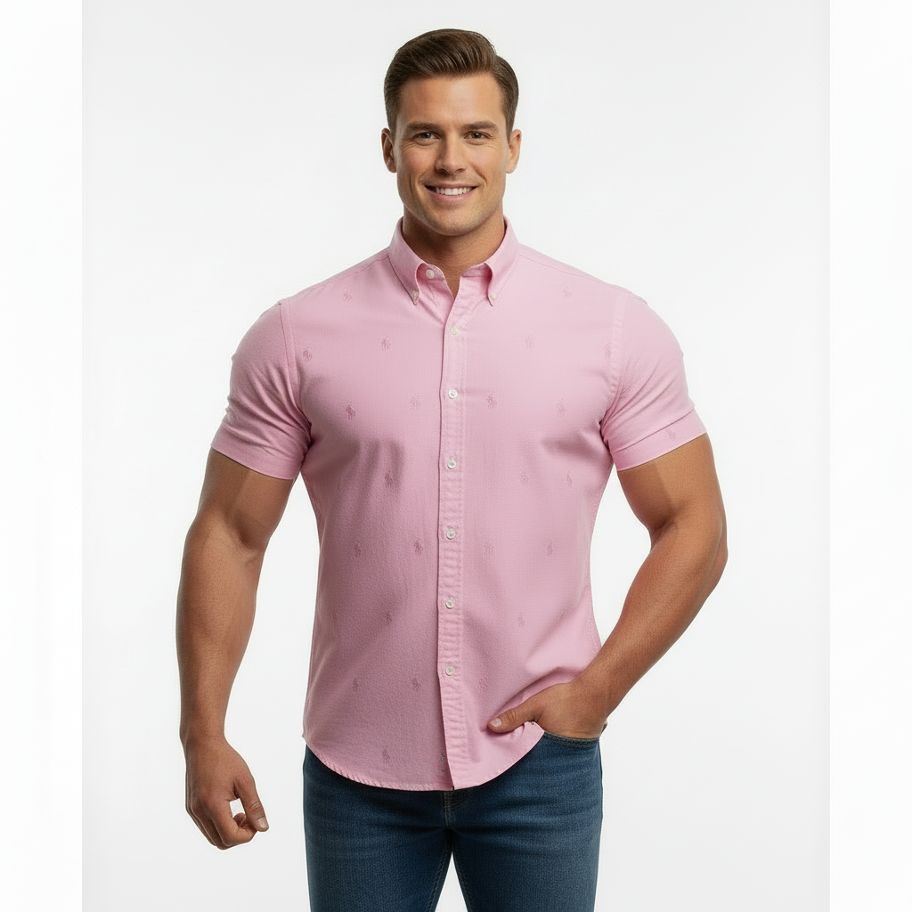 Camisa de botones Polo Ralph Lauren 🏇🏼 Oxford color rosado con diseño de logos en rosado Talla XL Entalle Regular