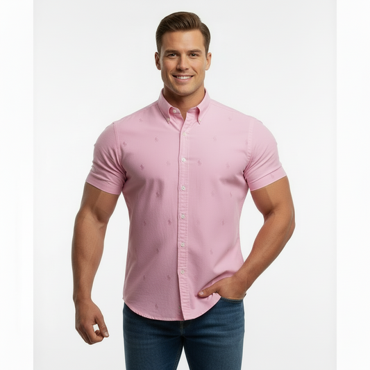 Camisa de botones Polo Ralph Lauren 🏇🏼 Oxford color rosado con diseño de logos en rosado Talla XL Entalle Regular