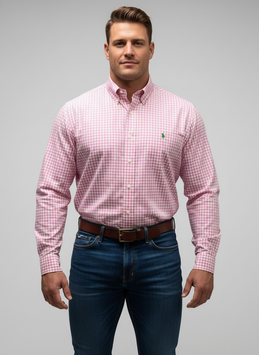 Camisa Polo Ralph Lauren 🏇🏼 de cuadros gingham rosado y blanco Talla L Entalle Custom Fit