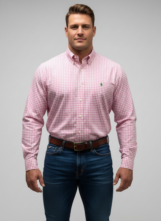 Camisa Polo Ralph Lauren 🏇🏼 de cuadros gingham rosado y blanco Talla L Entalle Custom Fit