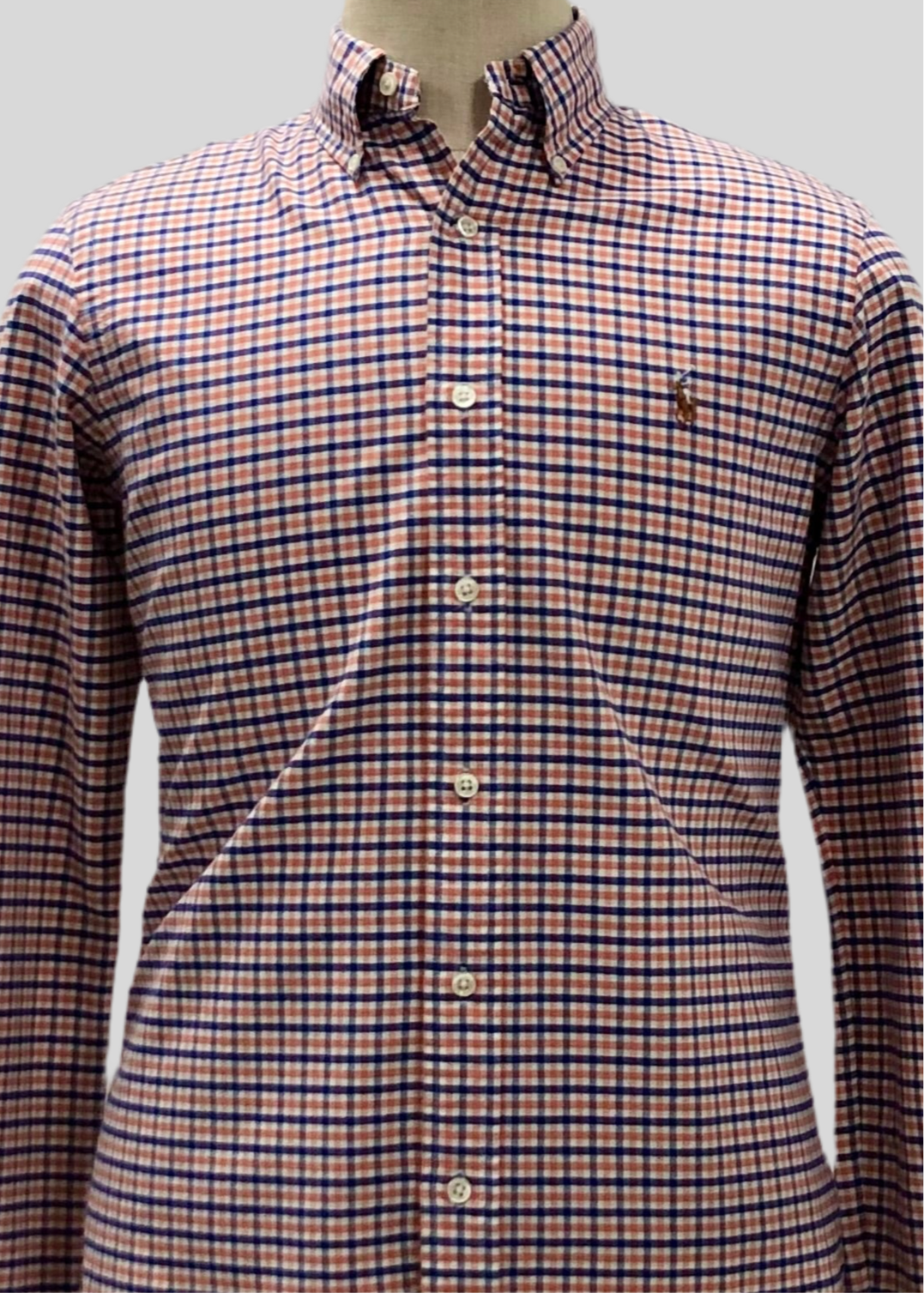 Camisa Polo Ralph Lauren 🏇🏼 Color blanco con patron de cuadros azul y naranja Talla S Entalle Regular