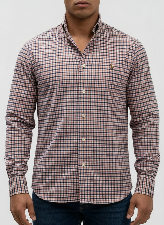 Camisa Polo Ralph Lauren 🏇🏼 Color blanco con patron de cuadros azul y naranja Talla S Entalle Regular