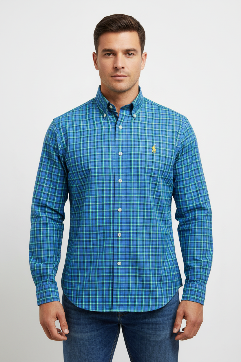 Camisa Polo Ralph Lauren 🏇🏼 color azul de cuadro verde y amarillo Talla M Entalle Custom Fit