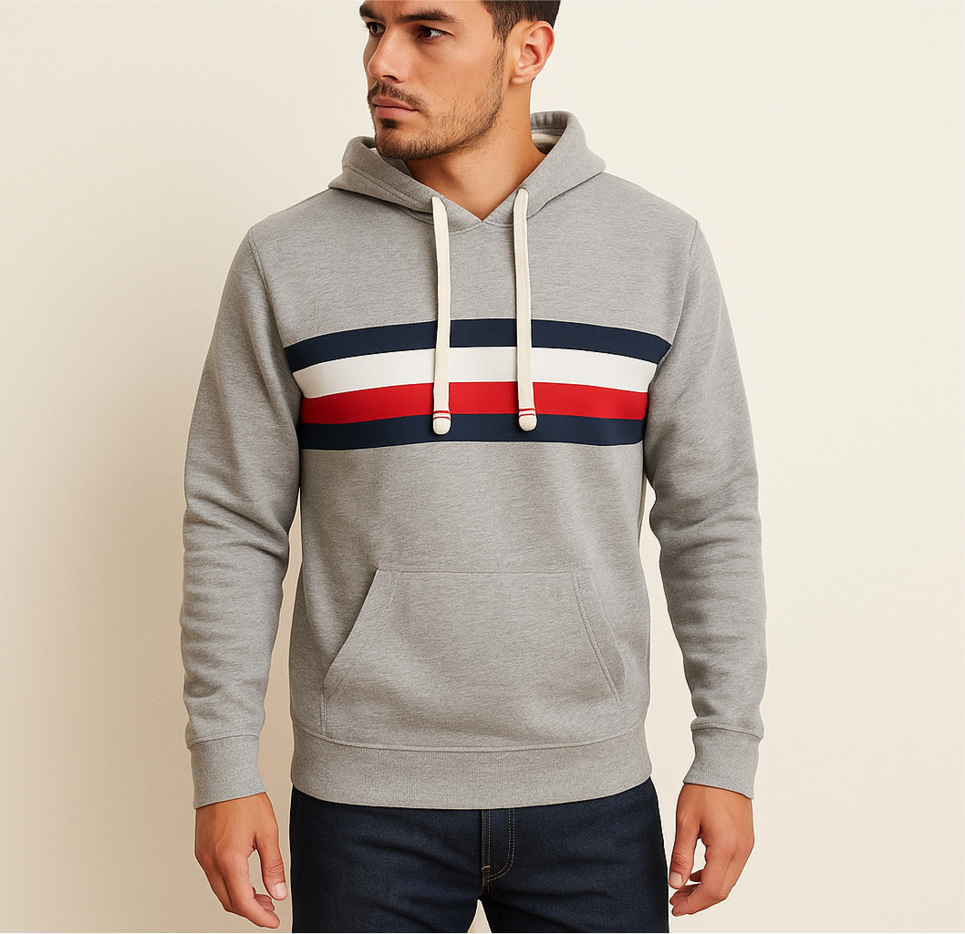 Sueter Jersey con capucha Tommy Hilfiger 🇺🇸 color gris claro y logo de bandera Talla M
