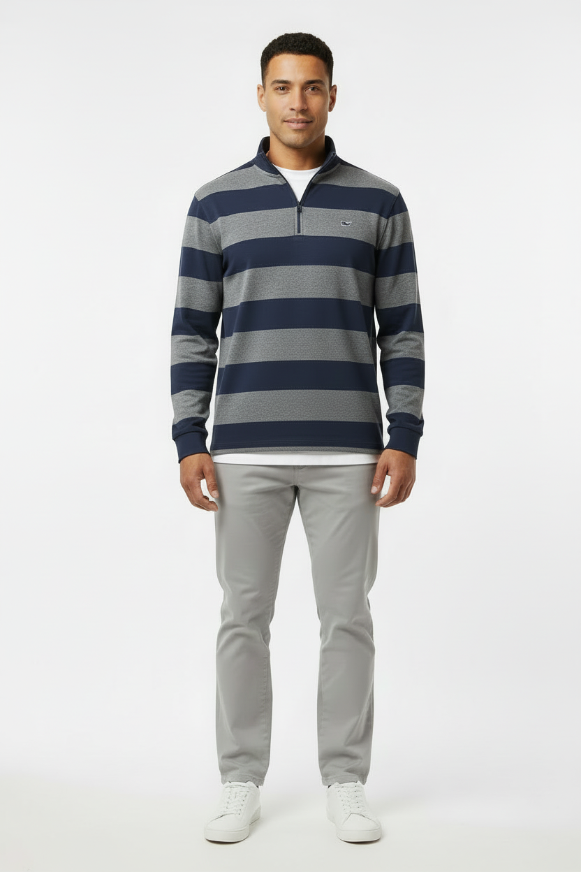 Sueter Jersey Vineyard Vines 🐳 con  franjas en gris y azul navy Talla S