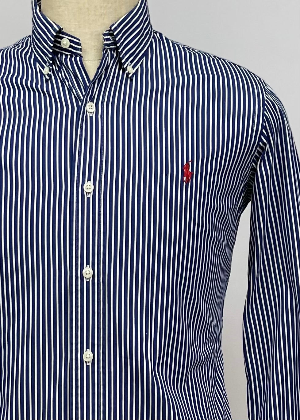 Camisa Polo Ralph Lauren 🏇🏼 con patron de rayas en color azul navy y blanco Talla S Entalle Custom Fit