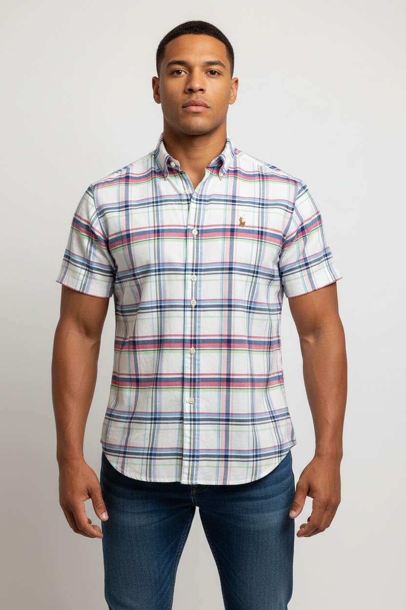 Camisa Polo Ralph Lauren 🏇🏼 Oxford blanco de cuadros en color azul, verde y rosado Talla M Entalle Slim Fit
