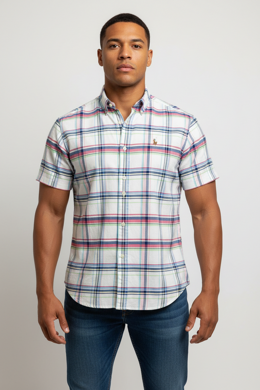 Camisa Polo Ralph Lauren 🏇🏼 Oxford blanco de cuadros en color azul, verde y rosado Talla M Entalle Slim Fit