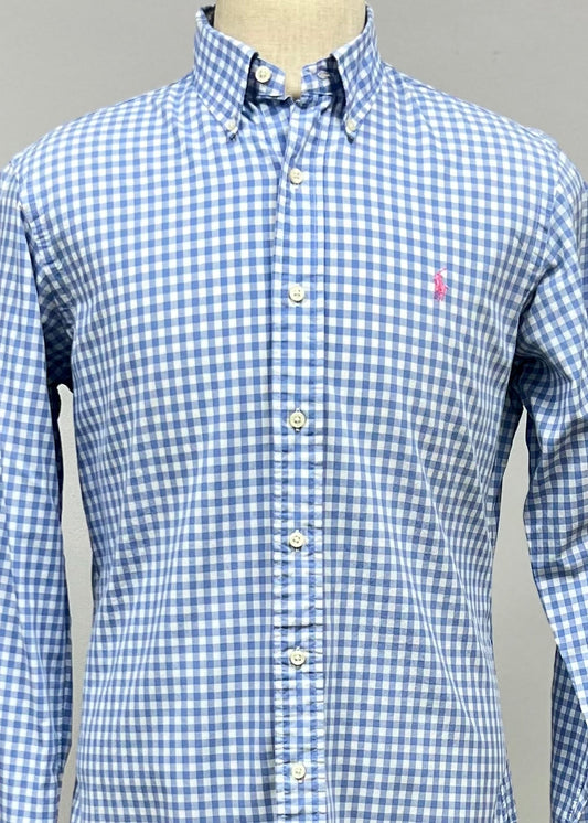 Camisa Polo Ralph Lauren 🏇🏼 con patrón de cuadros gingham celeste y blanco Talla M Entalle Regular