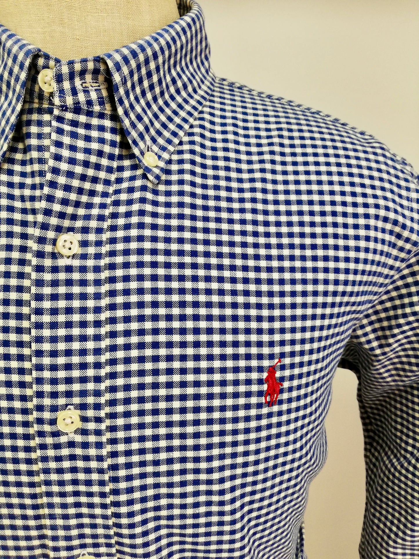 Camisa Polo Ralph Lauren 🏇🏼 con patron de cuadros gingham azul y blanco Talla L Entalle Custom Fit