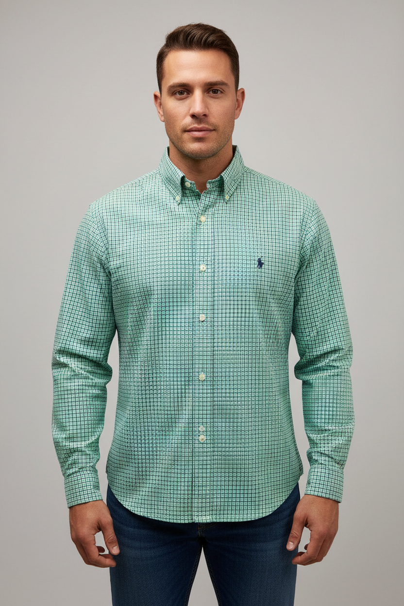 Camisa Polo Ralph Lauren 🏇🏼 color blanco de cuadros azul y verde Talla L Entalle Regular
