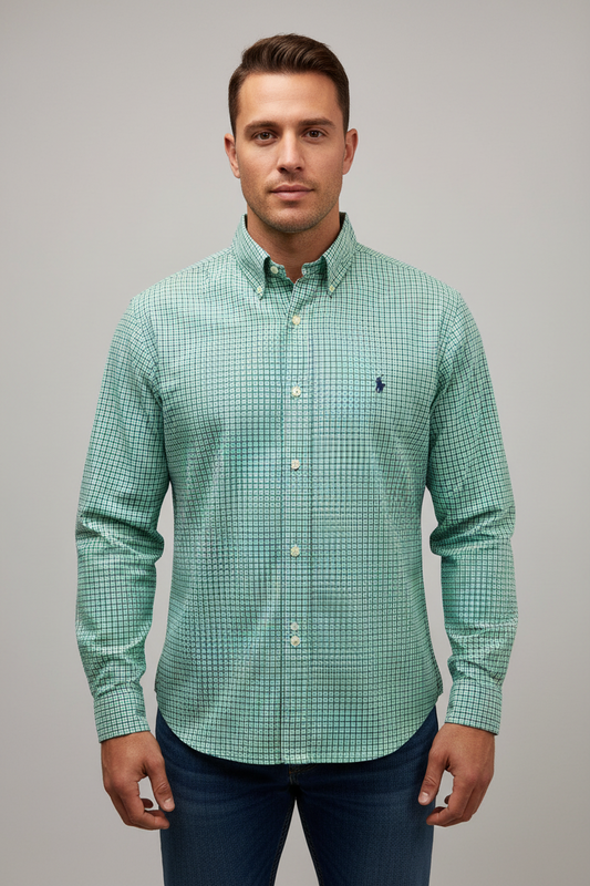 Camisa Polo Ralph Lauren 🏇🏼 color blanco de cuadros azul y verde Talla L Entalle Regular