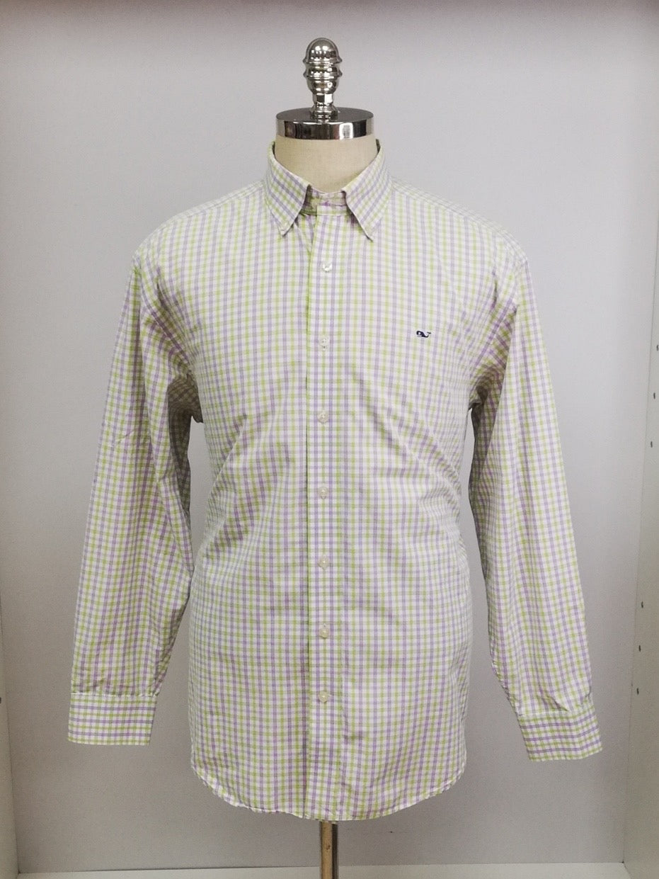 Camisa de botones Vineyard Vines 🐳 colon patrón de cuadros en color verde claro, morado y blanco Talla XL Entalle Regular