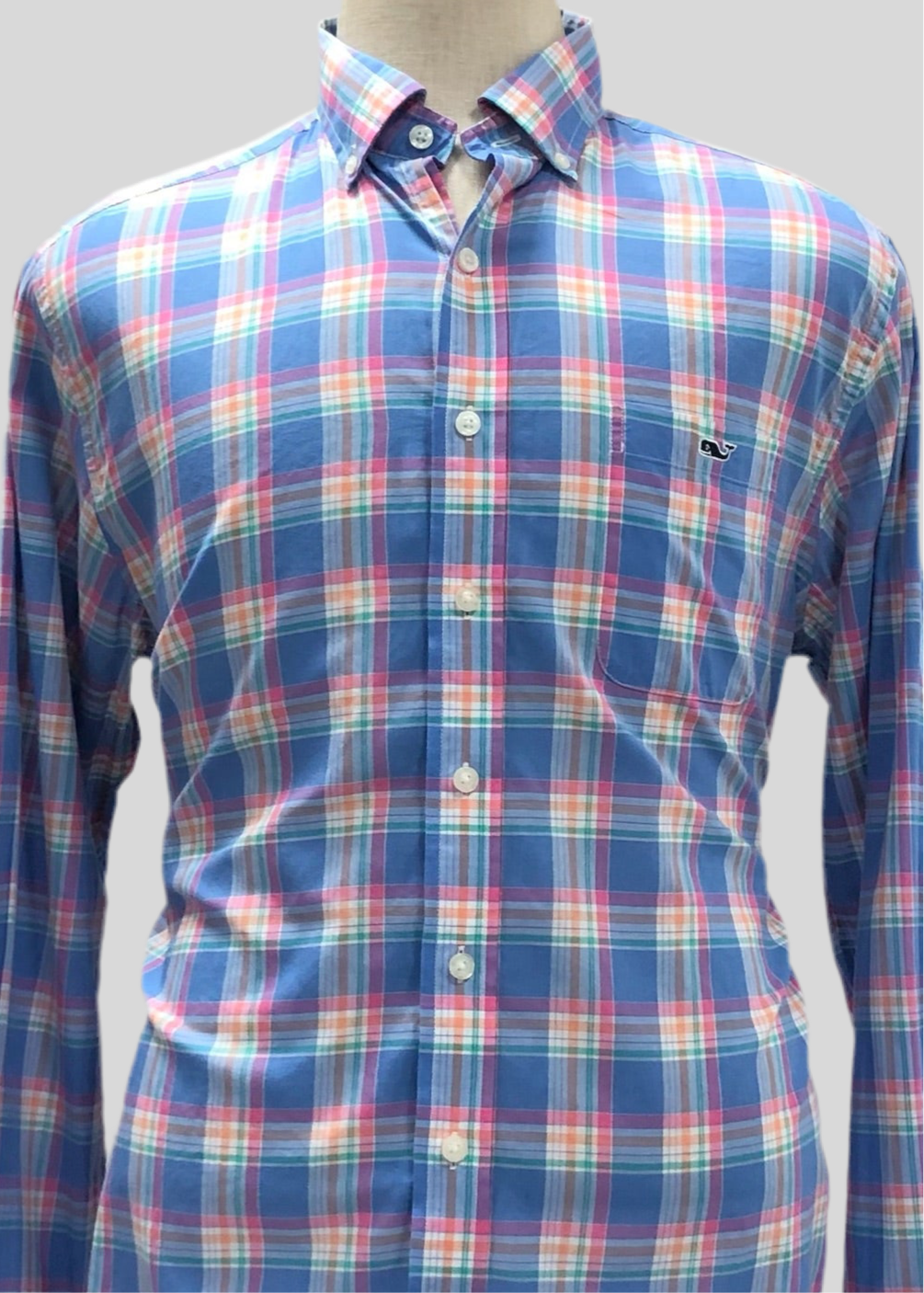 Camisa de botones Vineyard Vines 🐳 color azul de cuadros tartán en color rosado, naranja y blanco Talla L Entalle Slim Fit