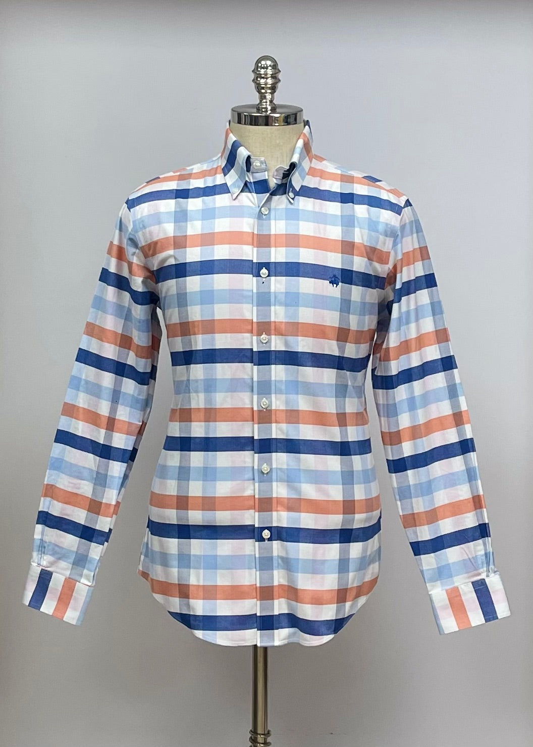 Camisa Brooks Brothers 🐑 color blanco con cuadros tartán en azul, naranja y celeste Talla M Entalle Regular