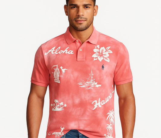 Camiseta Polo Ralph Lauren 🏇🏼 color rosado con diseño de hawaiano en color blanco Talla XL Entalle Clásico