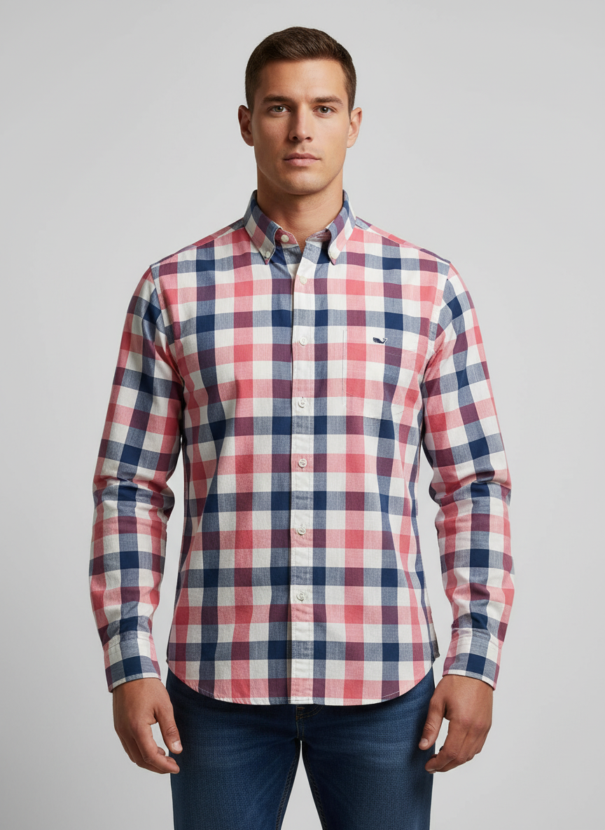 Camisa de botones Vineyard Vines 🐳 de cuadros en color rojo, azul y blanco Talla M Entalle Slim Fit