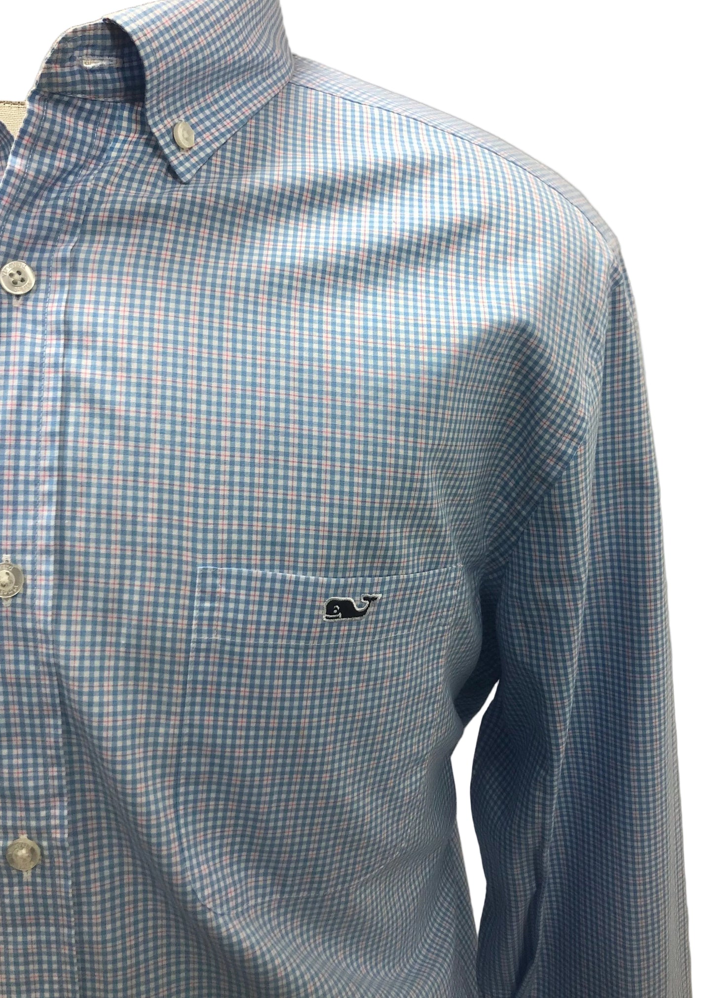 Camisa Vineyard Vines 🐳 Color blanco de cuadros en color azul y rosado Talla L Entalle Clásico