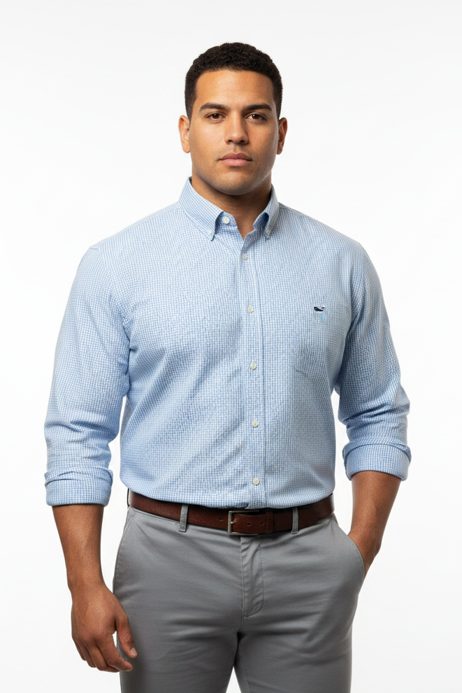 Camisa Vineyard Vines 🐳 Color blanco de cuadros en color azul y rosado Talla L Entalle Clásico
