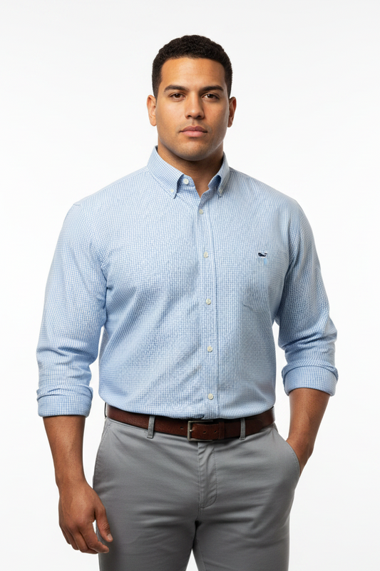 Camisa Vineyard Vines 🐳 Color blanco de cuadros en color azul y rosado Talla L Entalle Clásico