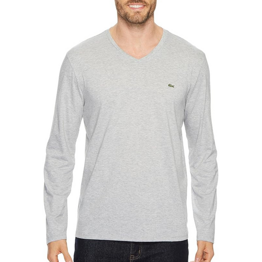 Camiseta cuello V Lacoste 🐊 color gris claro con el logo bordado tradicional Talla XXL