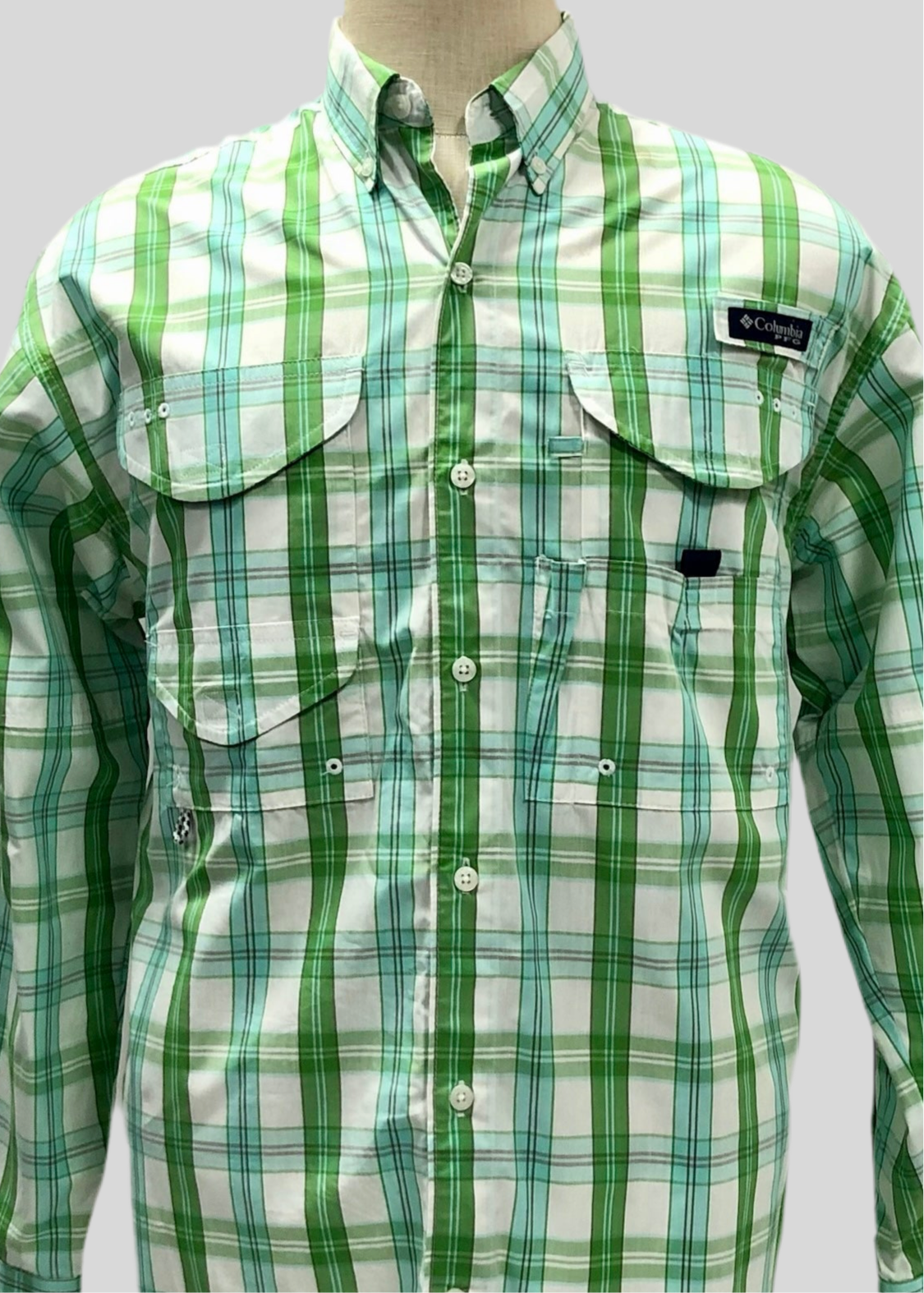 Camisa Columbia 🔹 Modelo Super Bonehead con patrón de cuadros en celeste, verde y blanco Manga larga Talla S
